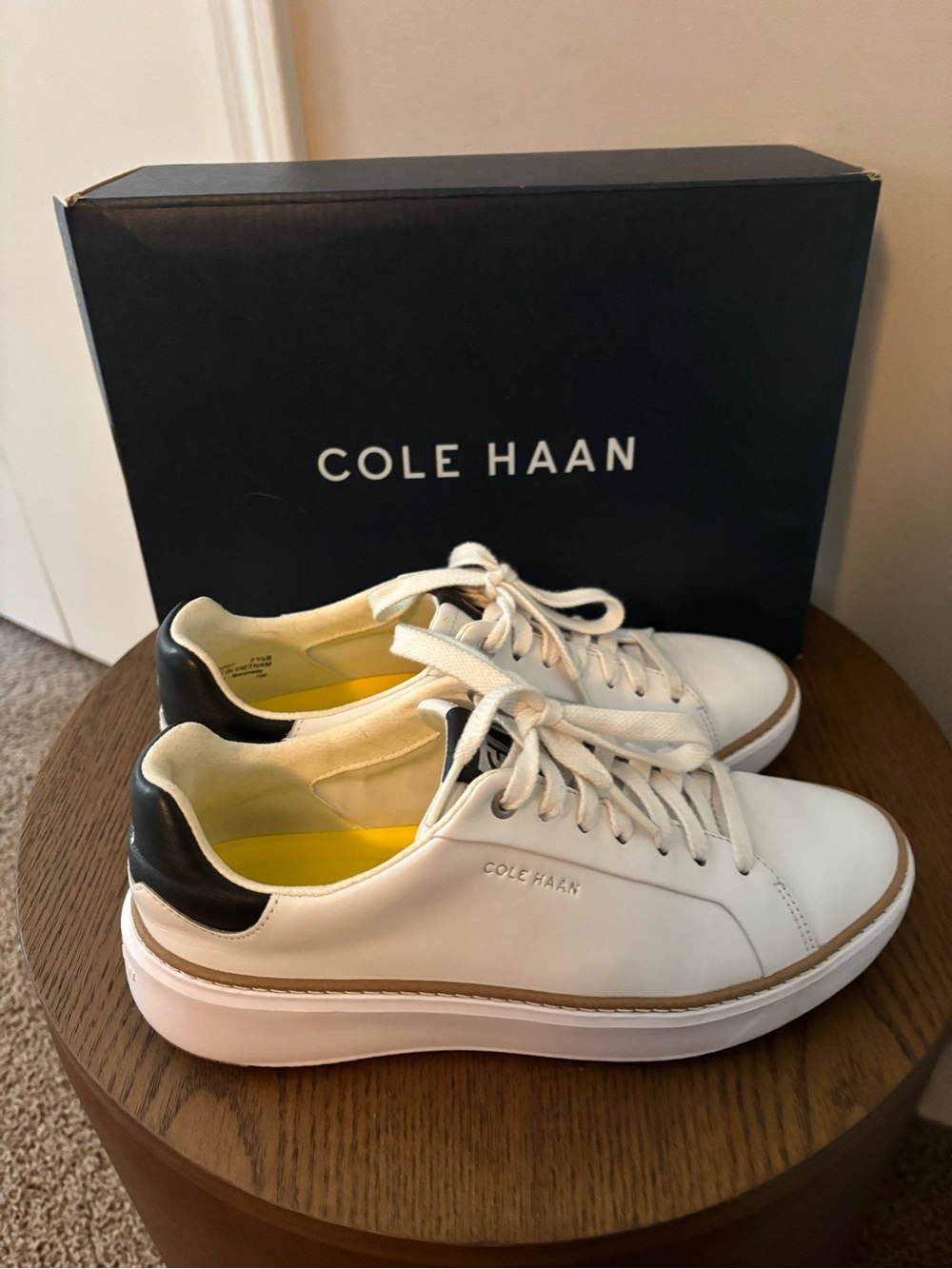 Cole Haan White Leather Sneakers with Black Heel Accent